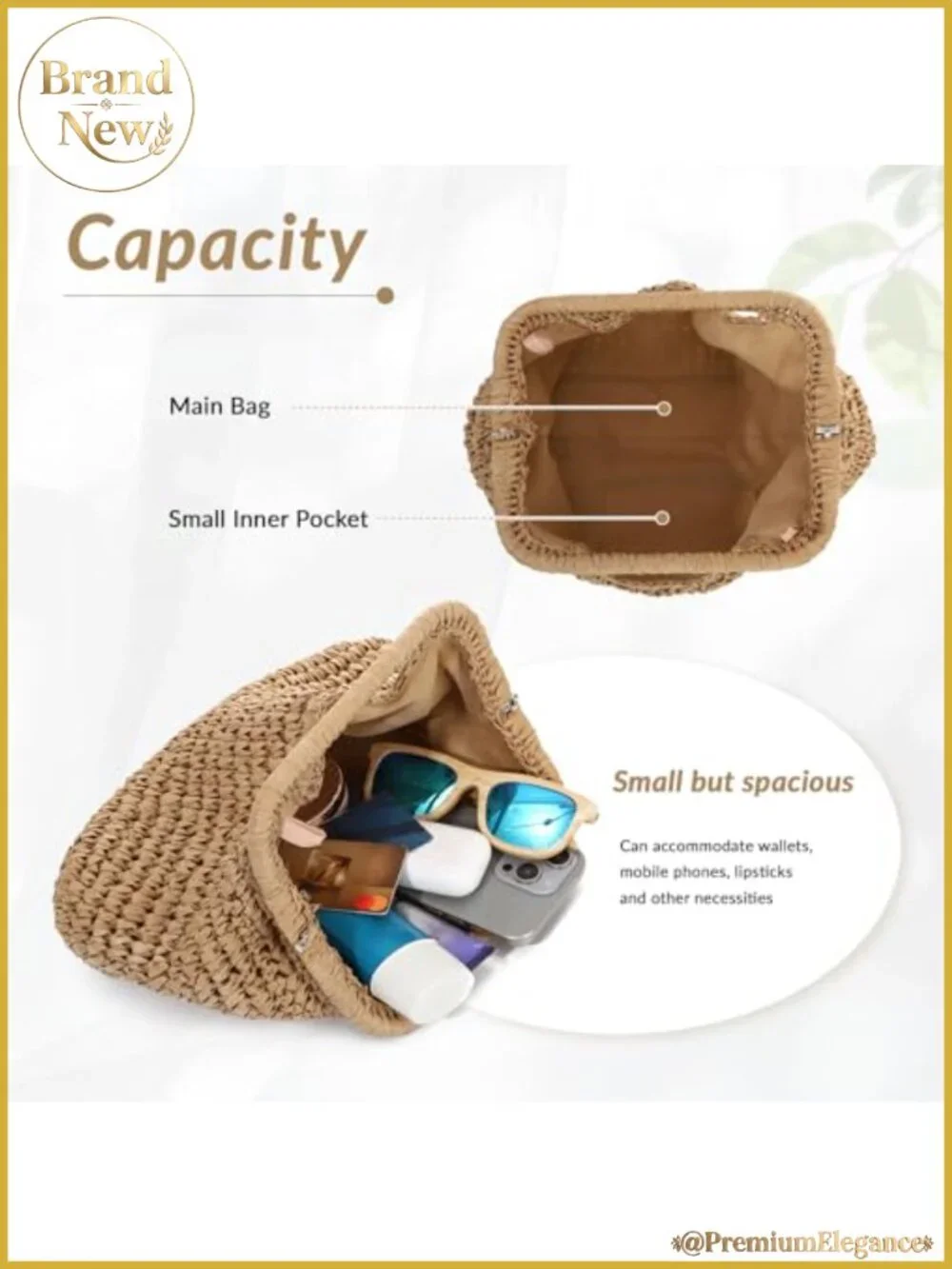 Woven Straw Dumpling Clutch Bag, Detachable Chain, Summer Beach Vacation Handbag